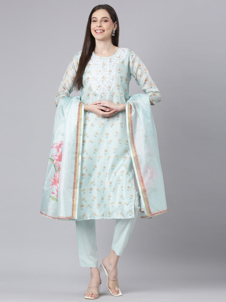 Neerus Lime Green Printed Straight Kurta and Trousers With Dupatta