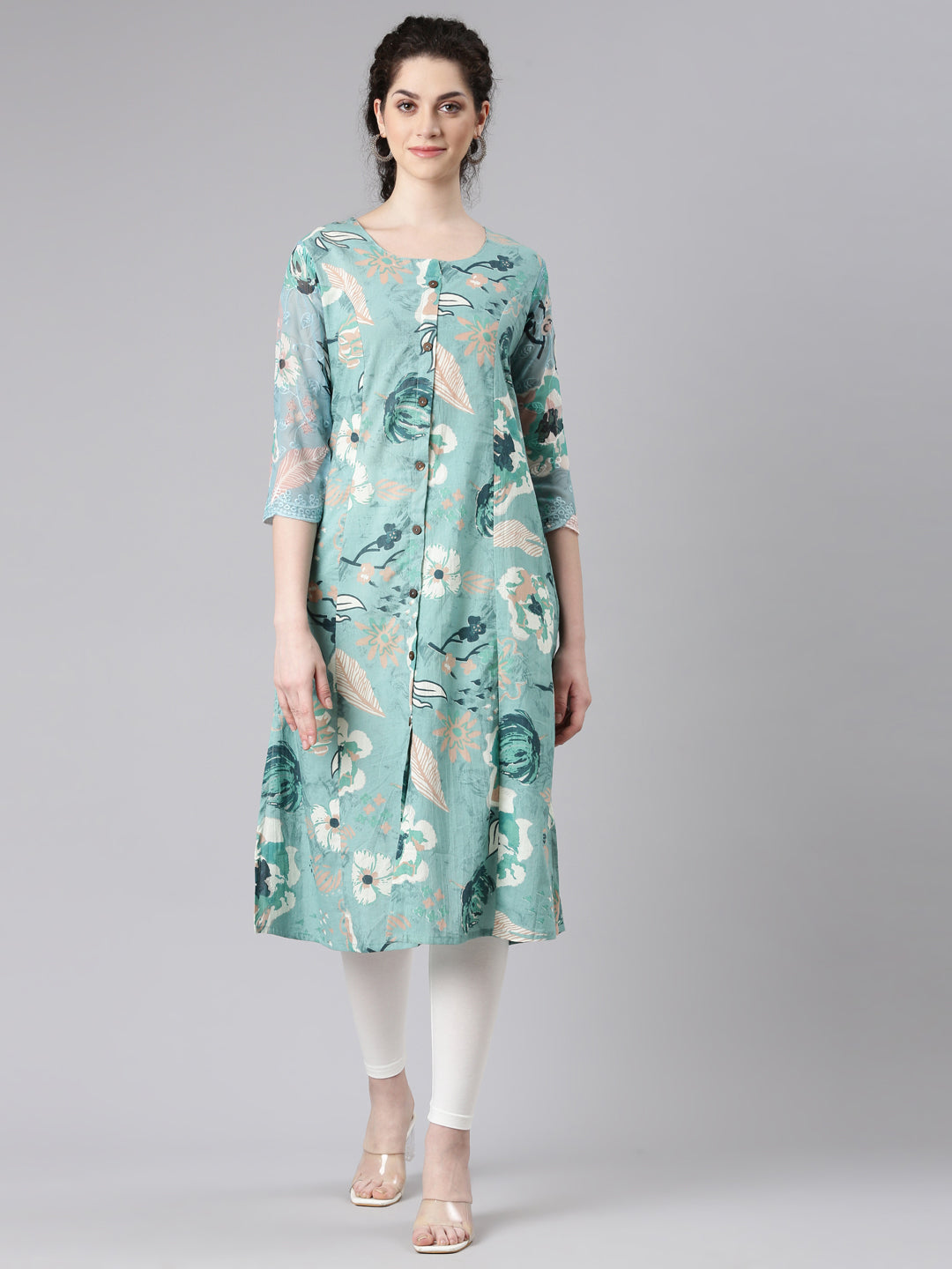 Neerus Blue cotton printed floral kurta - front view