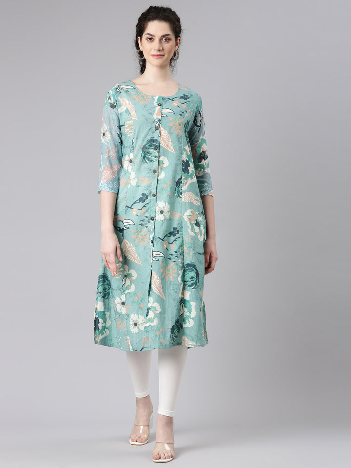 Neerus Blue cotton printed floral kurta - front view