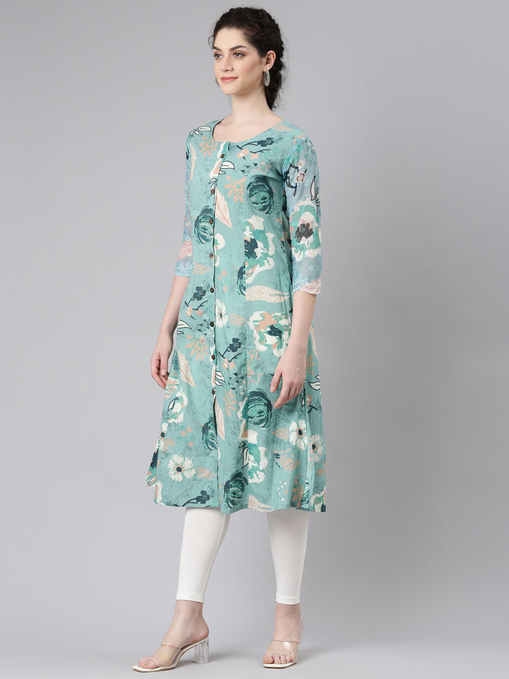 Neerus Blue cotton printed floral kurta - back view