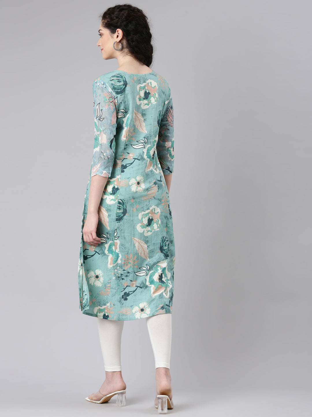 Neerus Blue cotton printed floral kurta - side view
