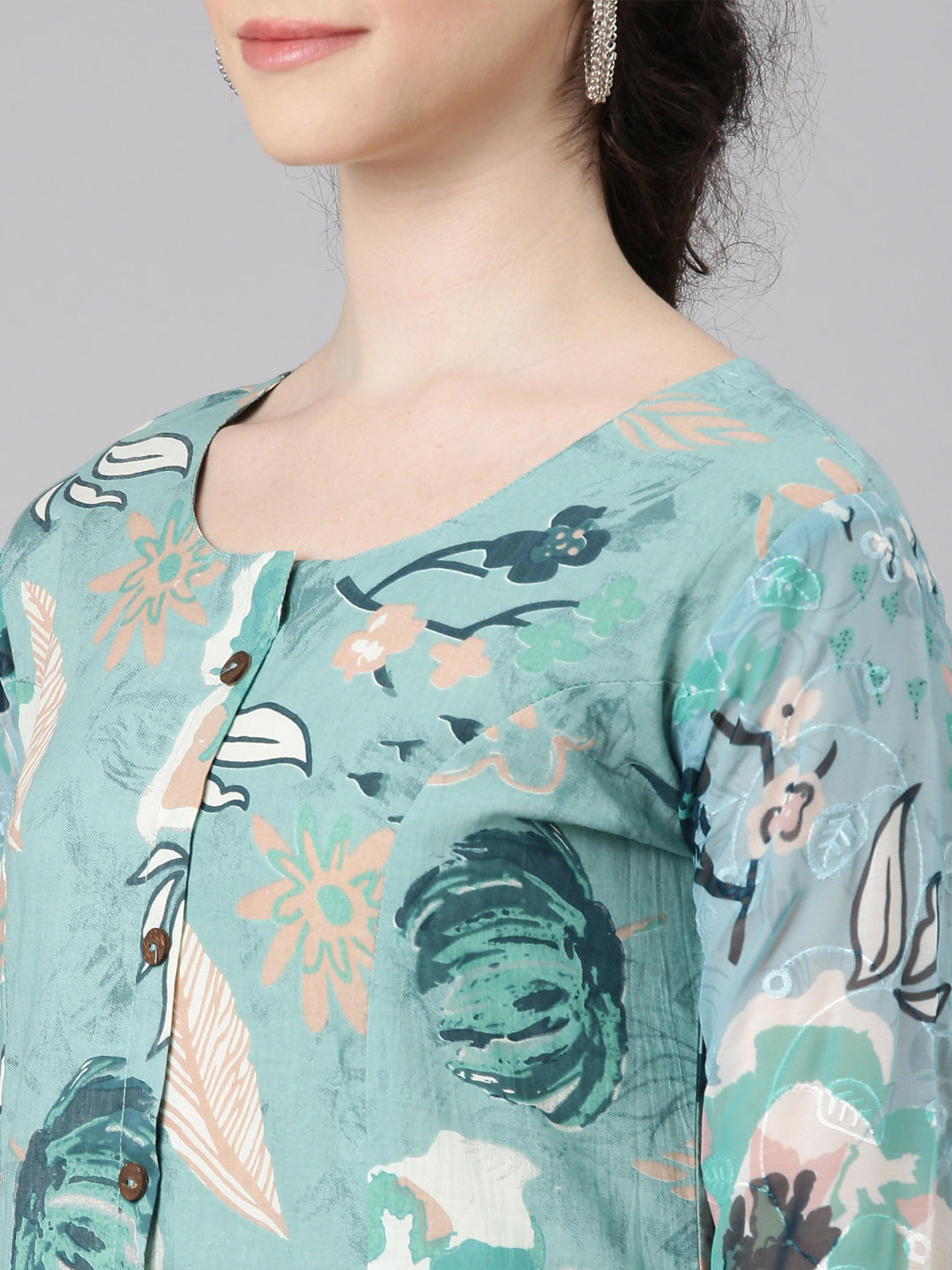 Neerus Blue cotton printed floral kurta - detail view 1
