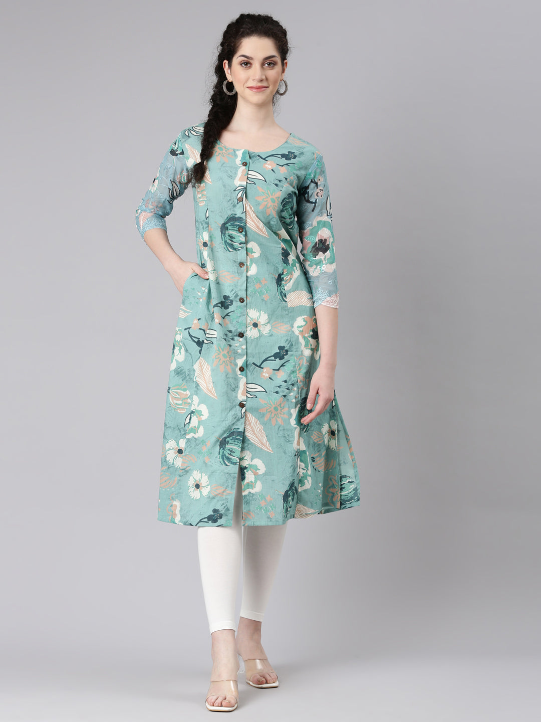 Neerus Blue cotton printed floral kurta - detail view 2