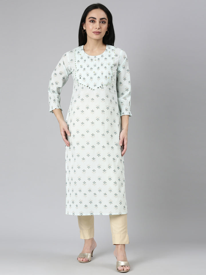 Neerus Blue Straight Casual Floral Straight Kurtas