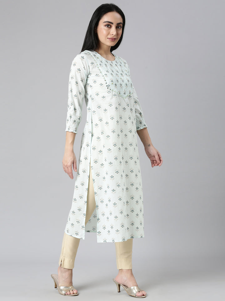 Neerus Blue Straight Casual Floral Straight Kurtas
