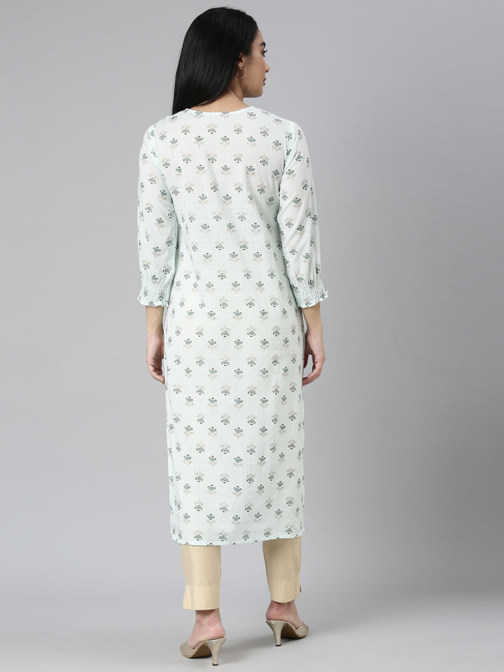 Neerus Blue Straight Casual Floral Straight Kurtas