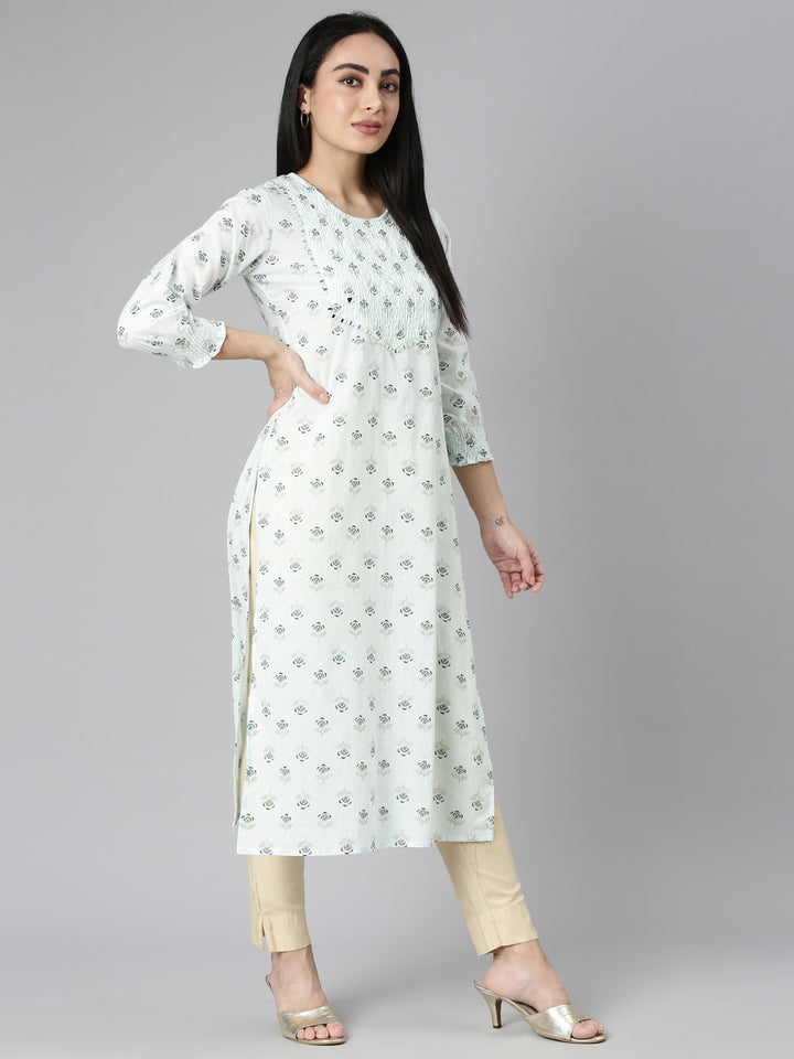 Neerus Blue Straight Casual Floral Straight Kurtas