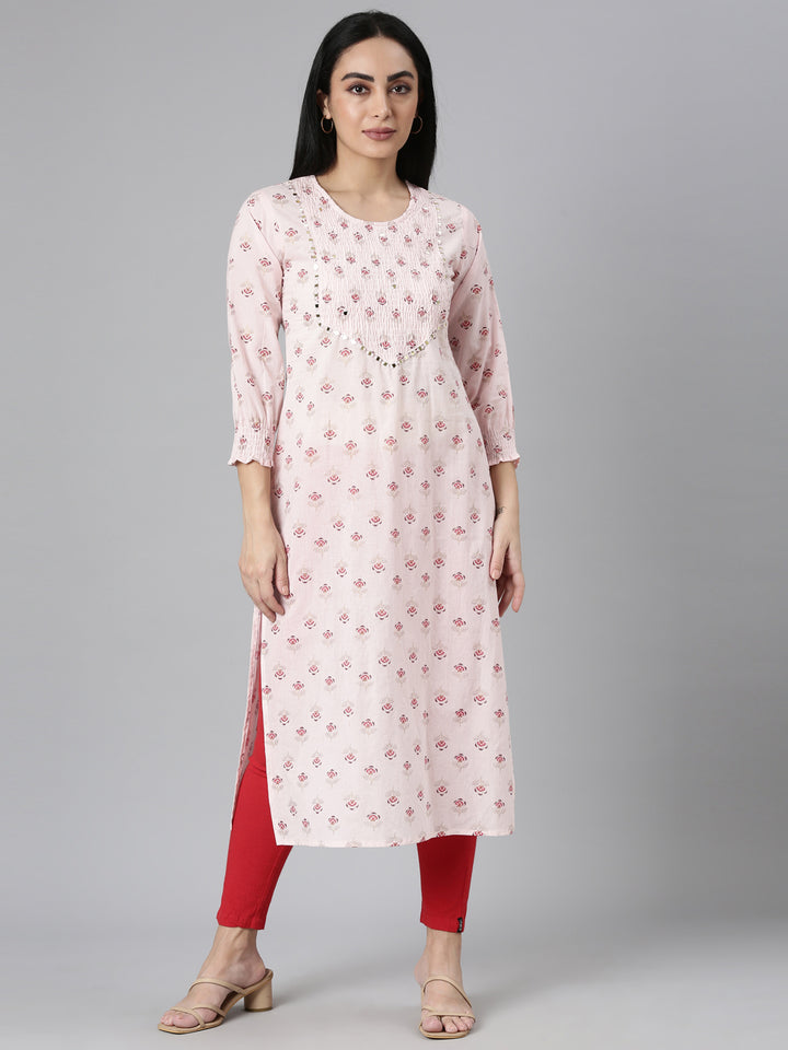 Neerus Pink Straight Casual Floral Straight Kurtas