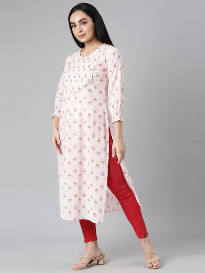 Neerus Pink Straight Casual Floral Straight Kurtas