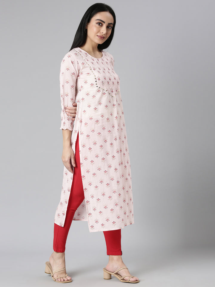 Neerus Pink Straight Casual Floral Straight Kurtas