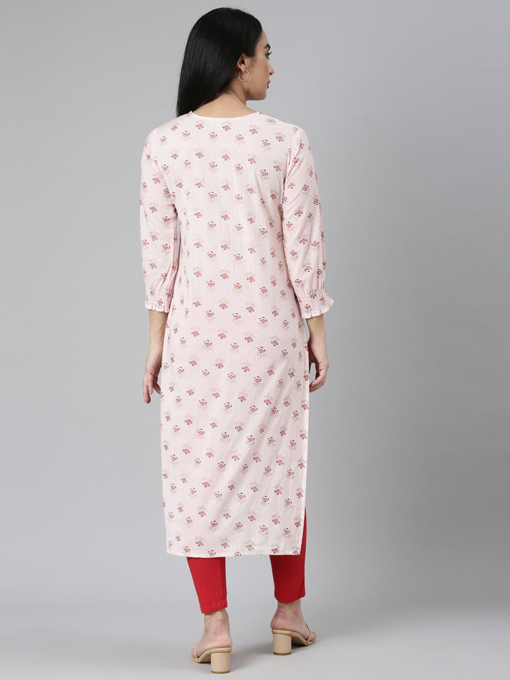 Neerus Pink Straight Casual Floral Straight Kurtas