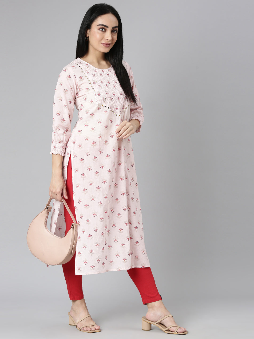 Neerus Pink Straight Casual Floral Straight Kurtas