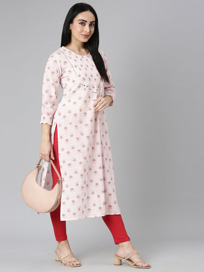 Neerus Pink Straight Casual Floral Straight Kurtas
