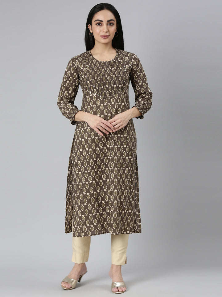 Neerus Brown Straight Casual Floral Straight Kurtas