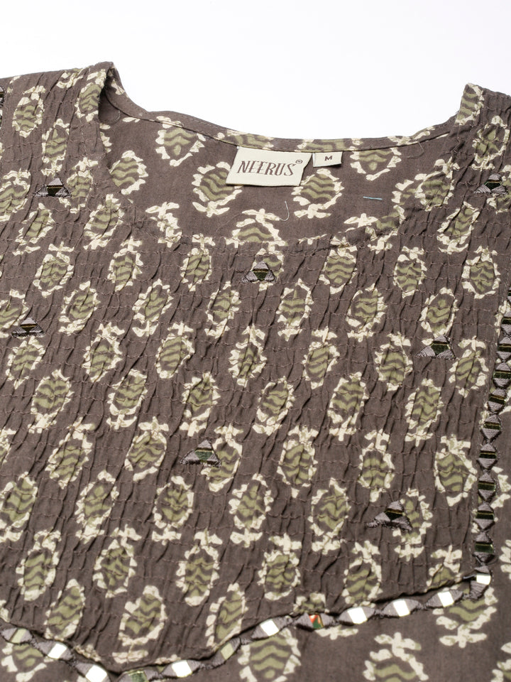 Neerus Brown Straight Casual Floral Straight Kurtas