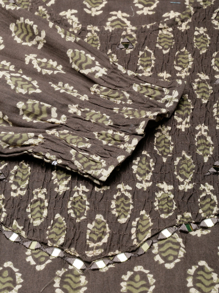 Neerus Brown Straight Casual Floral Straight Kurtas