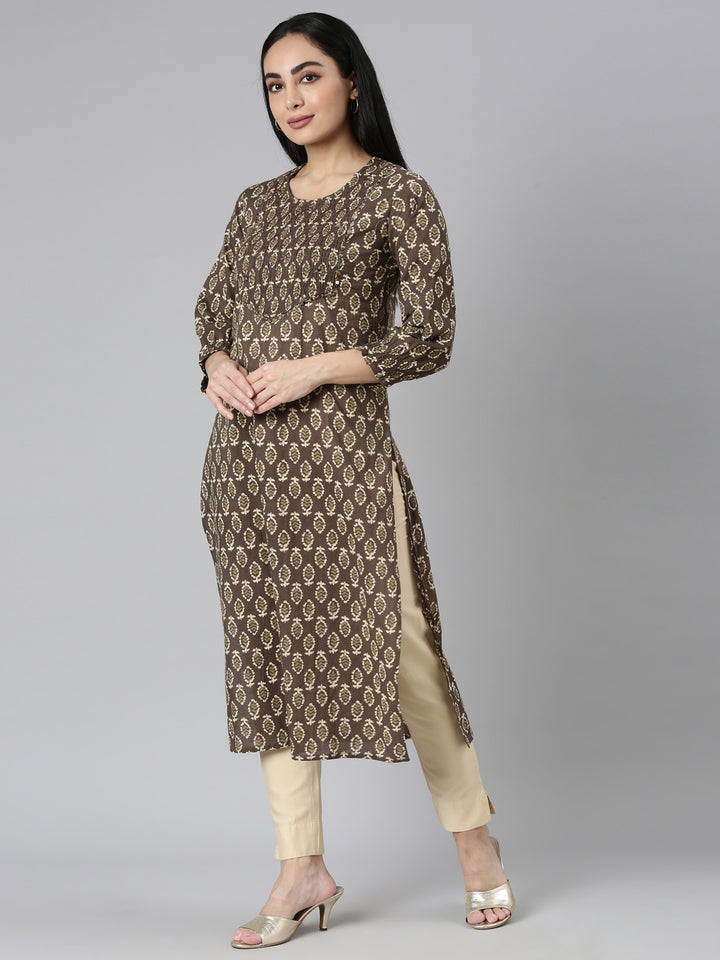 Neerus Brown Straight Casual Floral Straight Kurtas