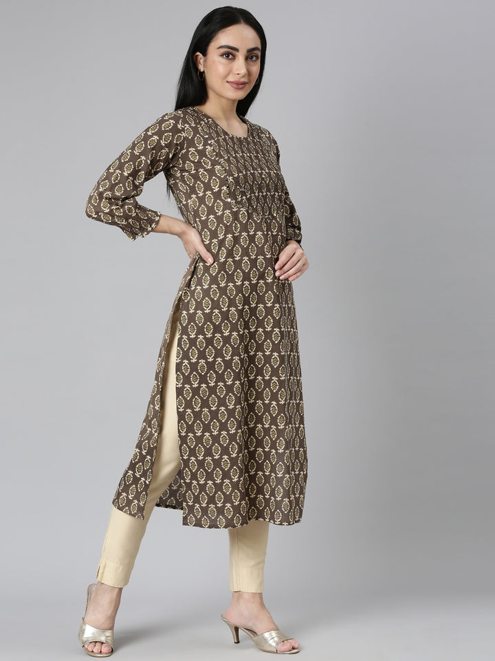 Neerus Brown Straight Casual Floral Straight Kurtas