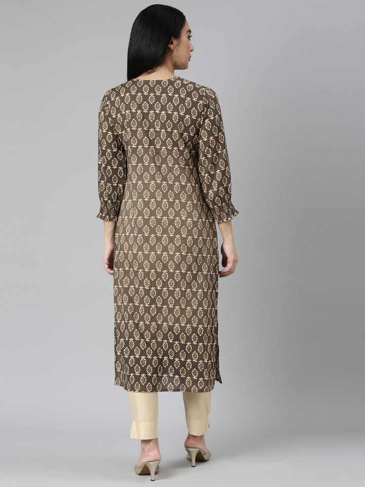 Neerus Brown Straight Casual Floral Straight Kurtas