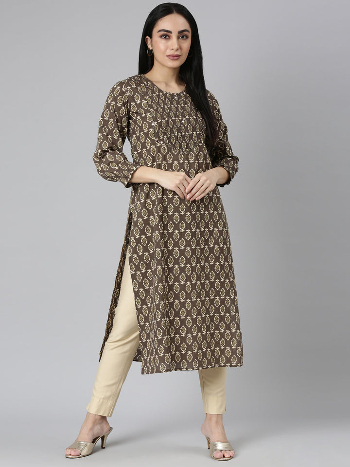 Neerus Brown Straight Casual Floral Straight Kurtas