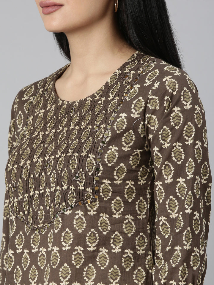 Neerus Brown Straight Casual Floral Straight Kurtas