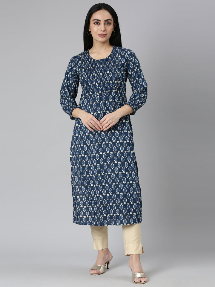 Neerus Blue cotton printed straight kurta - front view