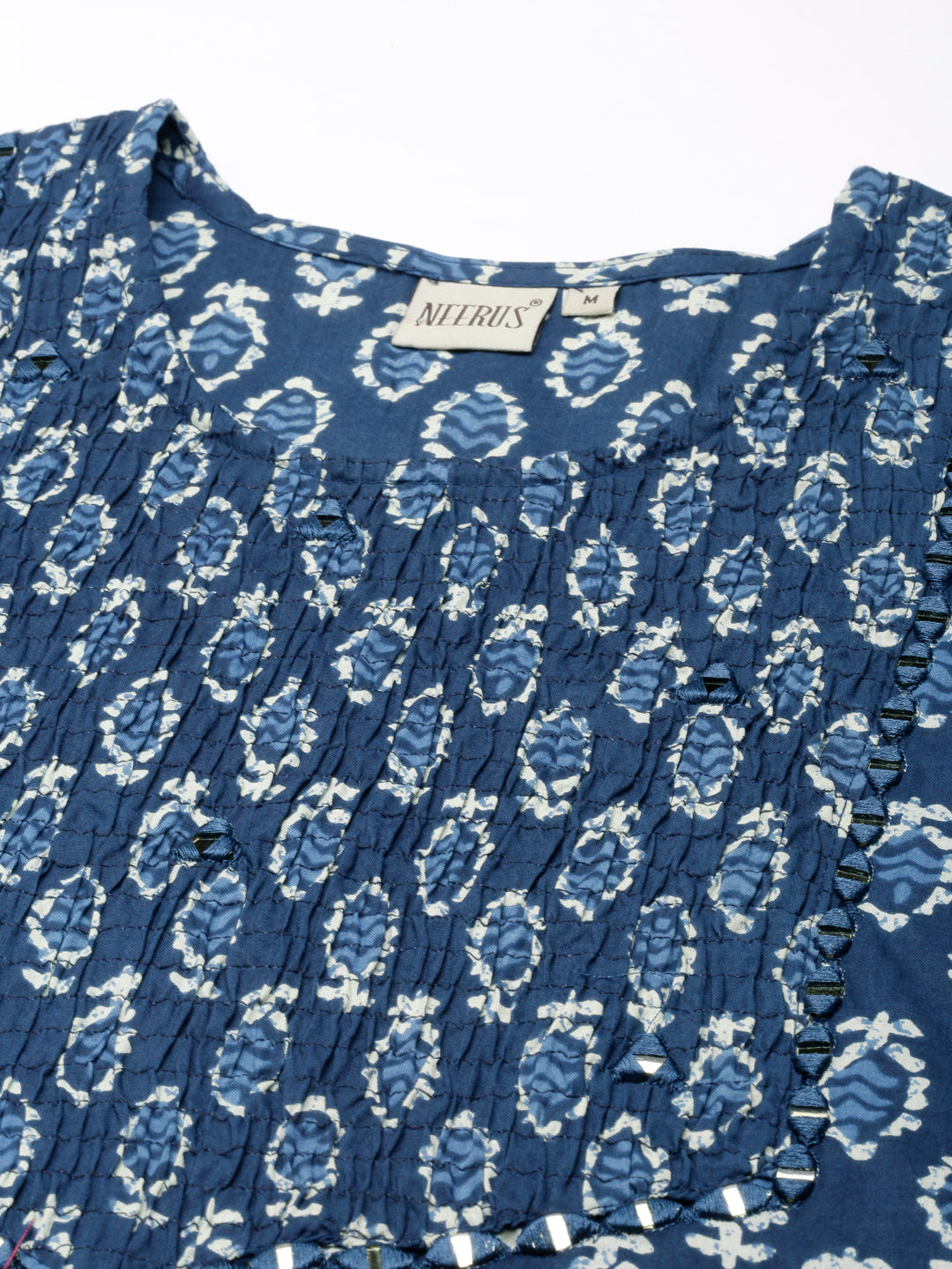 Neerus Blue cotton printed straight kurta - detail view 3