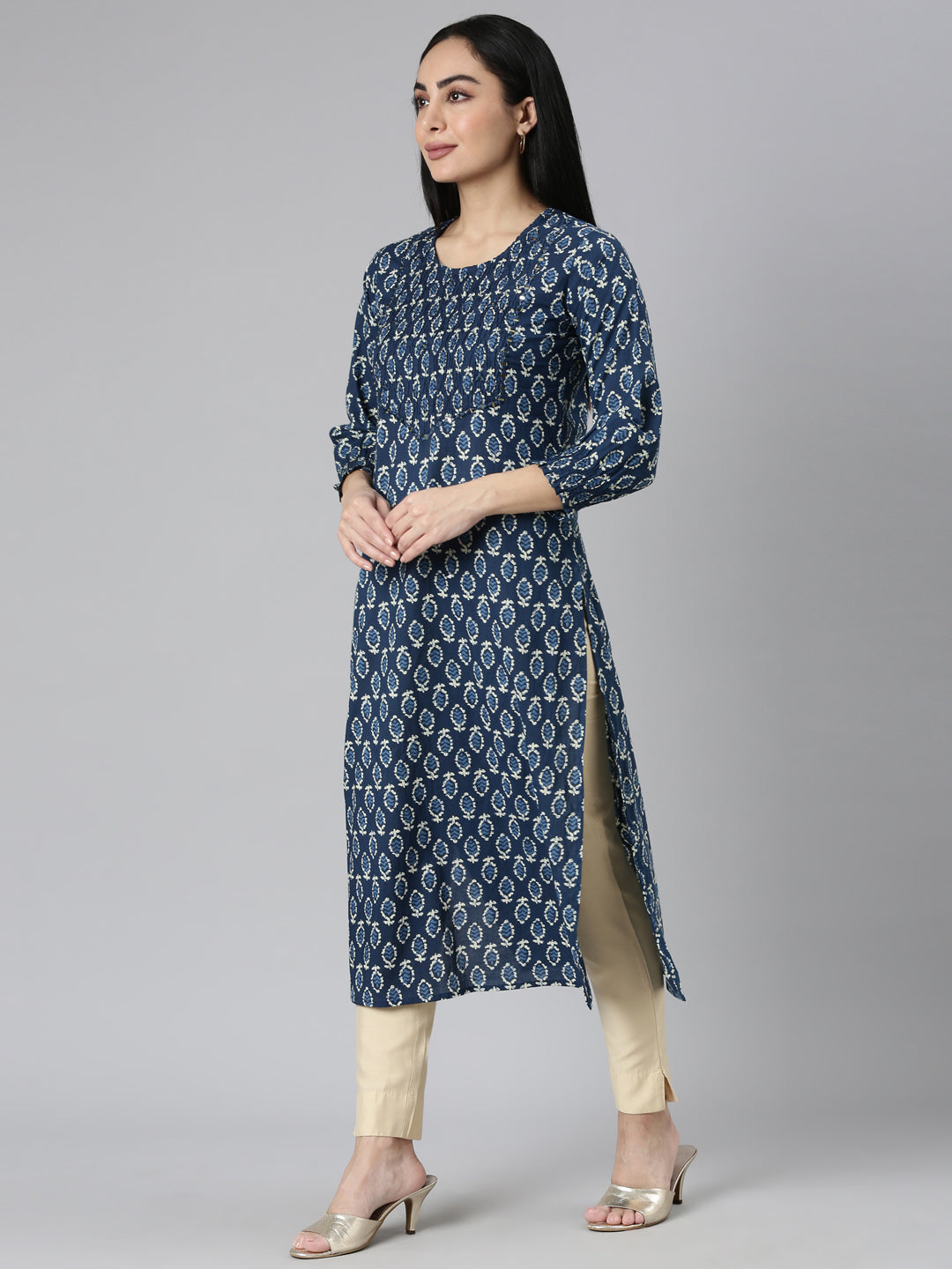Neerus Blue cotton printed straight kurta - side view