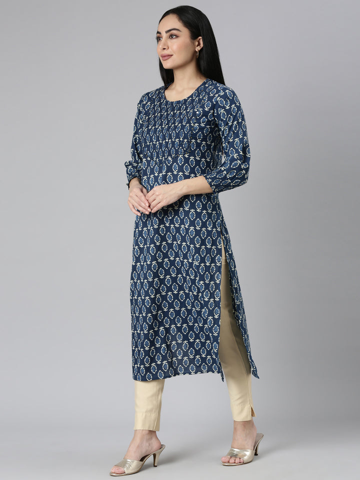 Neerus Blue cotton printed straight kurta - side view