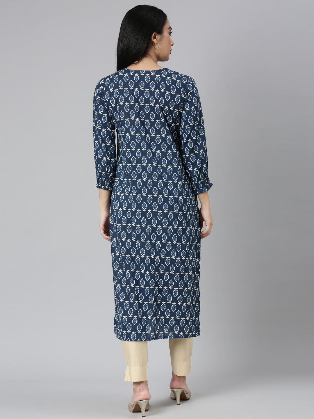 Neerus Blue cotton printed straight kurta - detail view 1