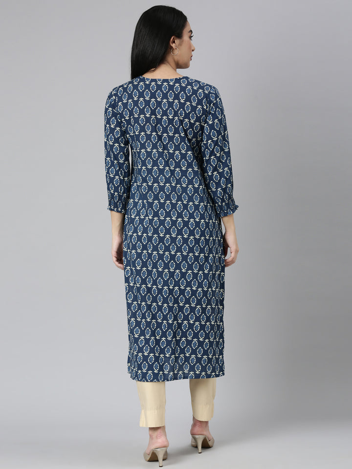 Neerus Blue cotton printed straight kurta - detail view 1