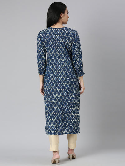 Neerus Blue Straight Casual Floral Straight Kurtas