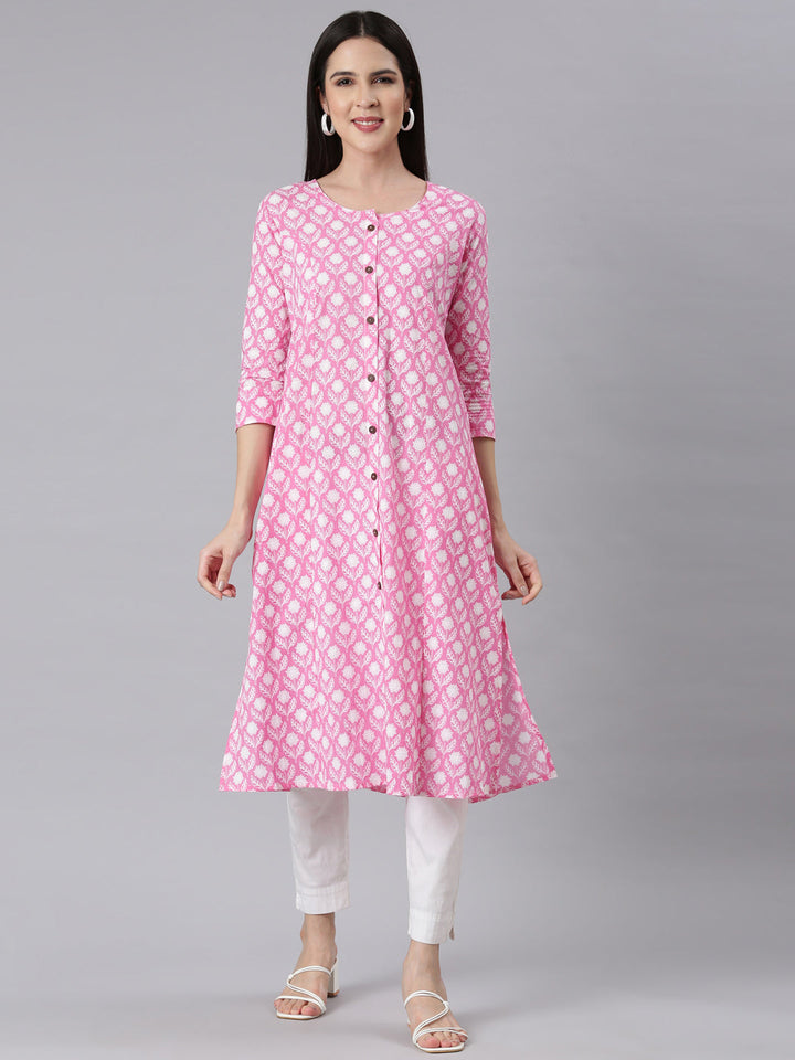 Neerus Pink floral printed straight kurti panelled - front view