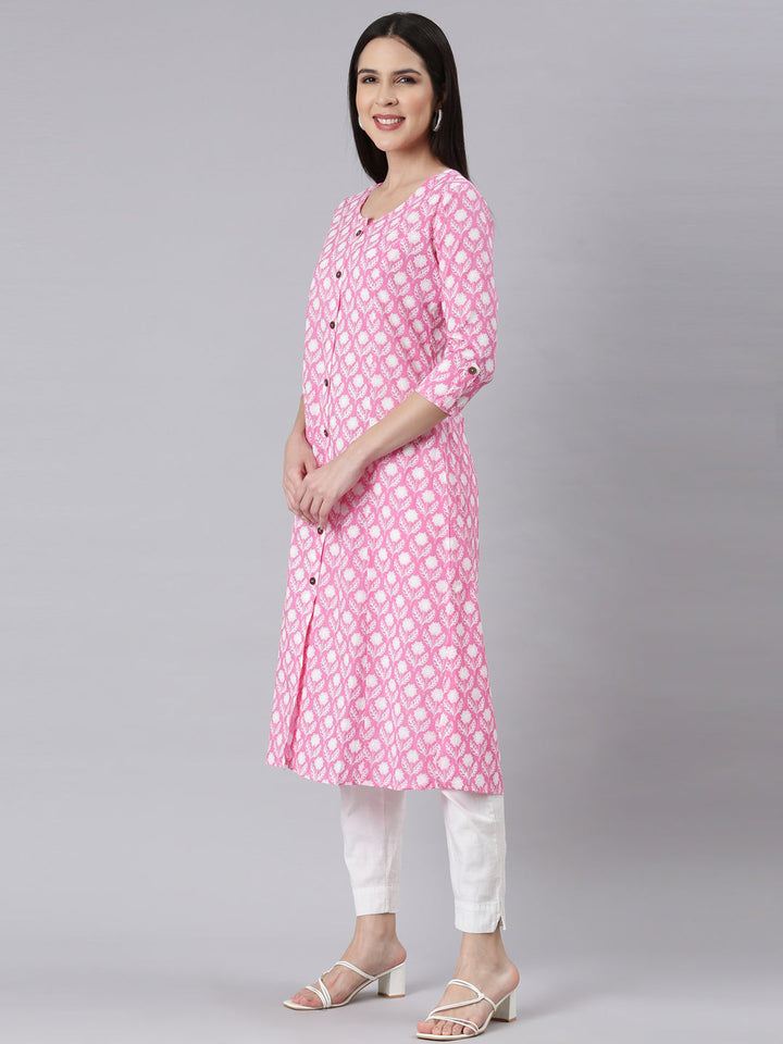 Neerus Pink floral printed straight kurti panelled - back view