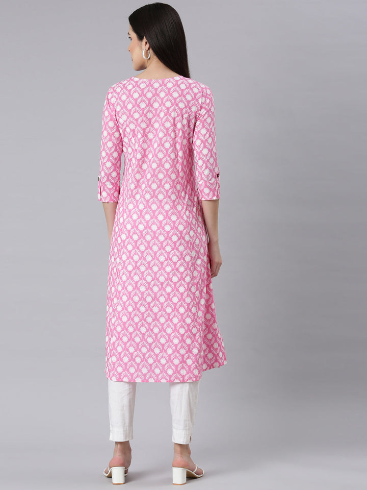 Neerus Pink floral printed straight kurti panelled - side view