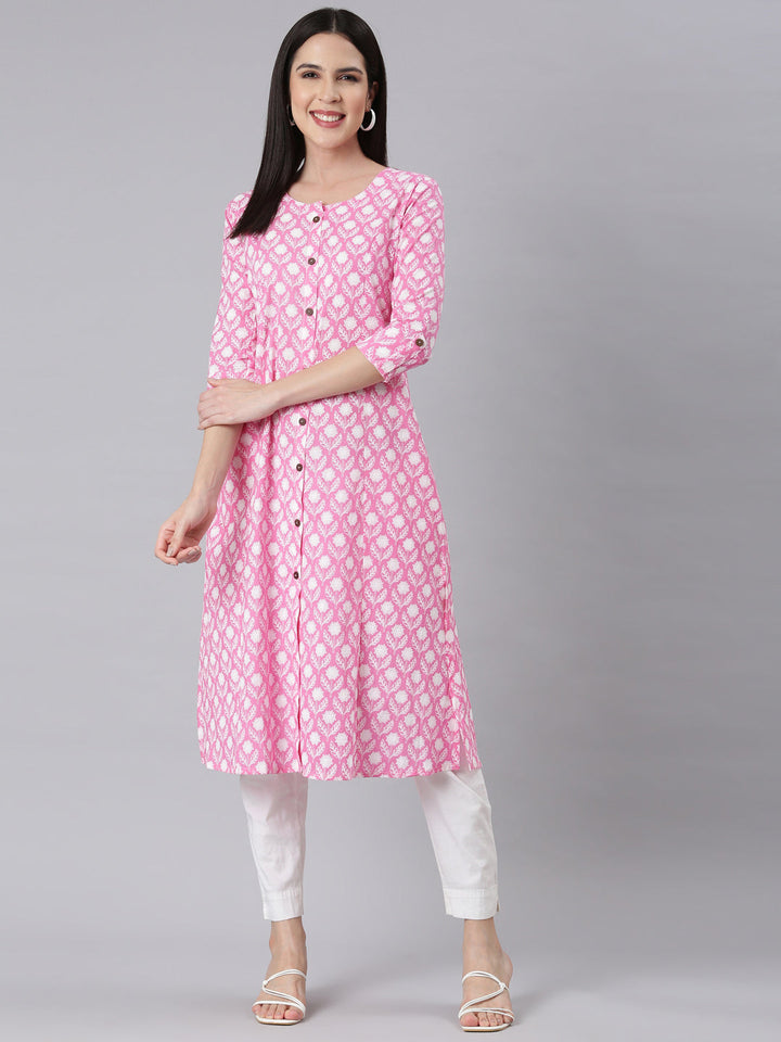 Neerus Pink floral printed straight kurti panelled - detail view 1