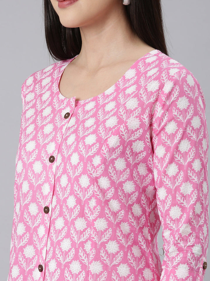 Neerus Pink floral printed straight kurti panelled - detail view 2
