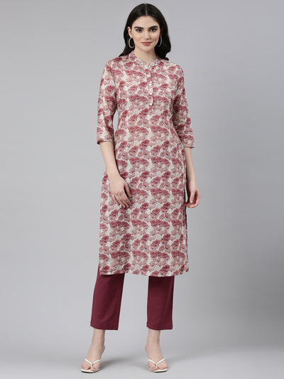 Neerus Pink Regular Straight Printed Kurta And Trousers