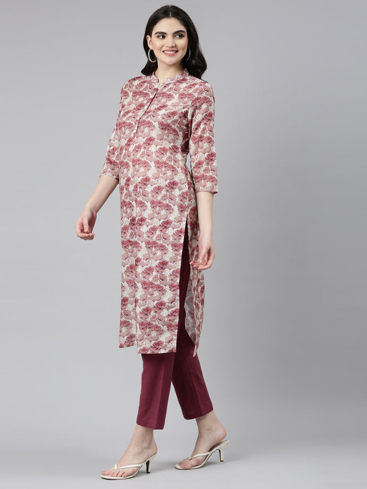 Neerus Pink Regular Straight Printed Kurta And Trousers