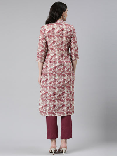 Neerus Pink Regular Straight Printed Kurta And Trousers