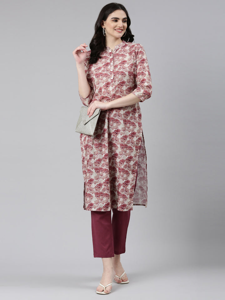 Neerus Pink Regular Straight Printed Kurta And Trousers