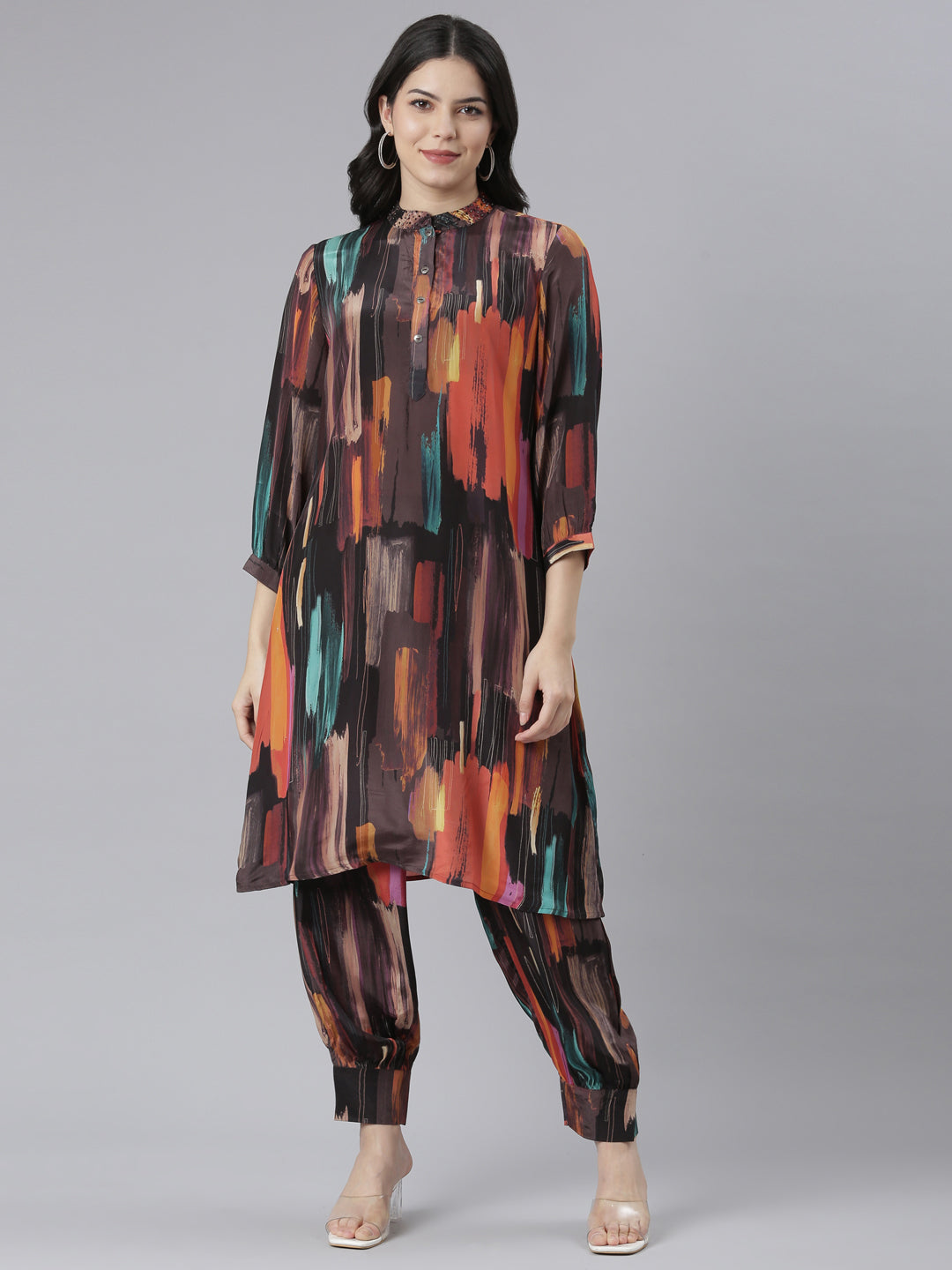 Neerus Multi muslin colourblocked straight kurta set - front view