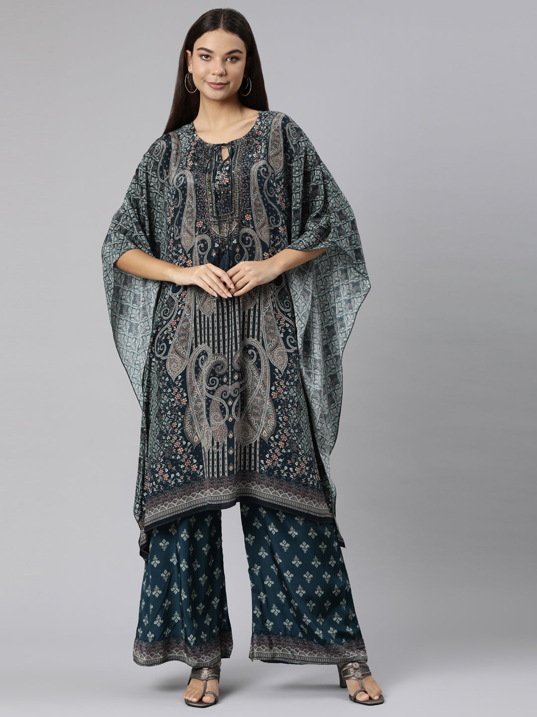 Neerus Green Regular High-Low Paisley Kurta And Palazzos