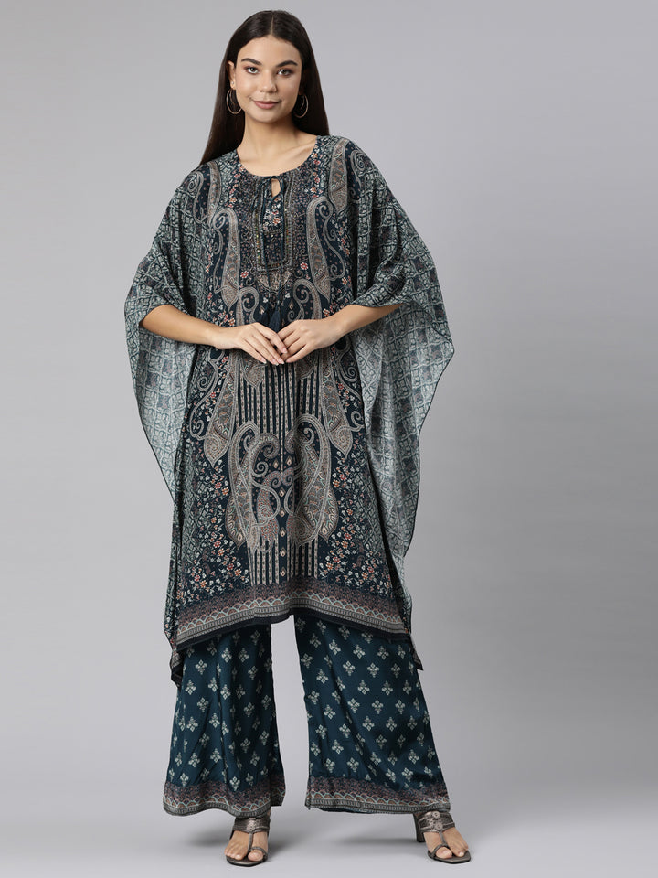 Neerus Green Regular High-Low Paisley Kurta And Palazzos