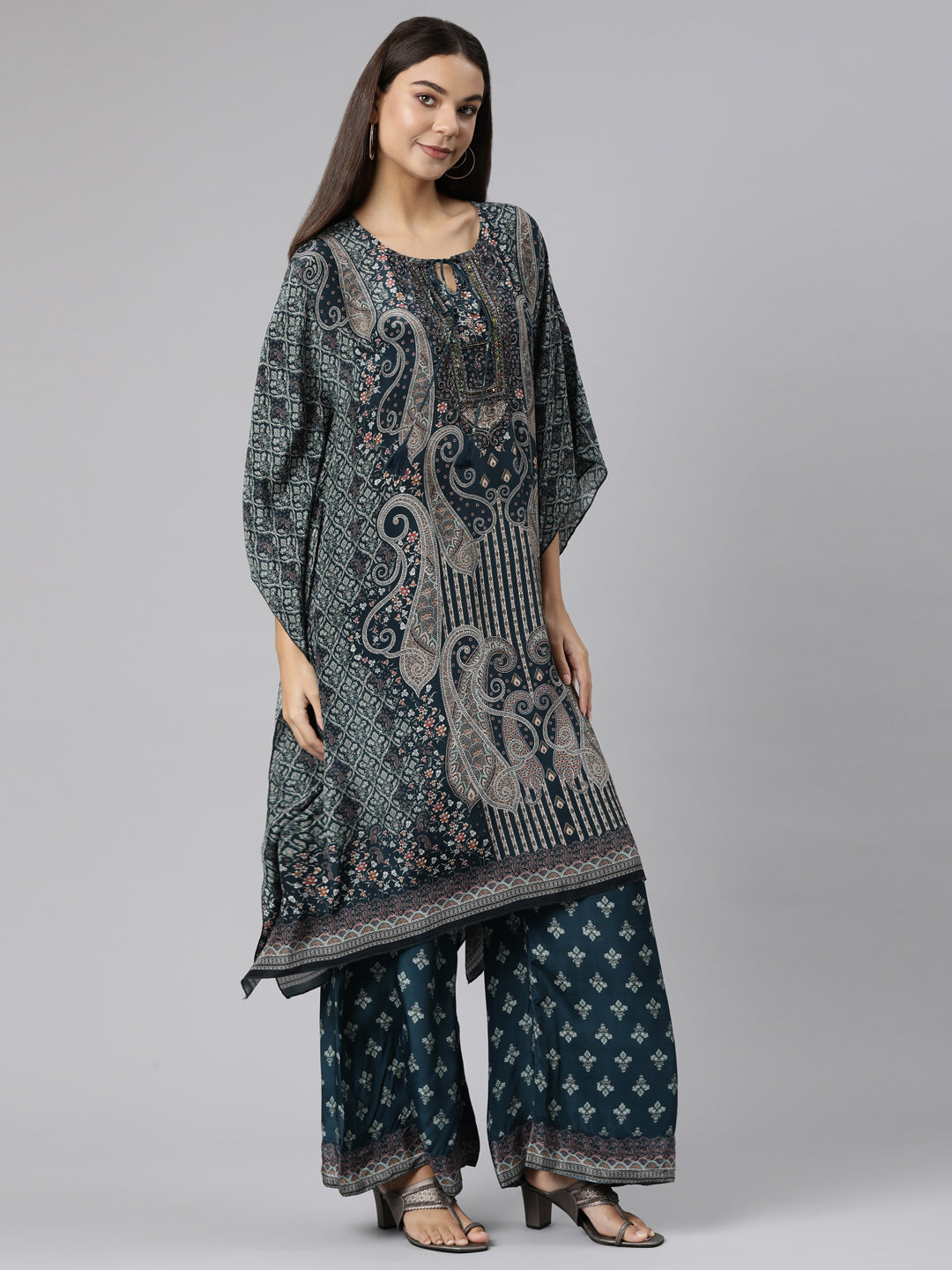 Neerus Green Regular High-Low Paisley Kurta And Palazzos