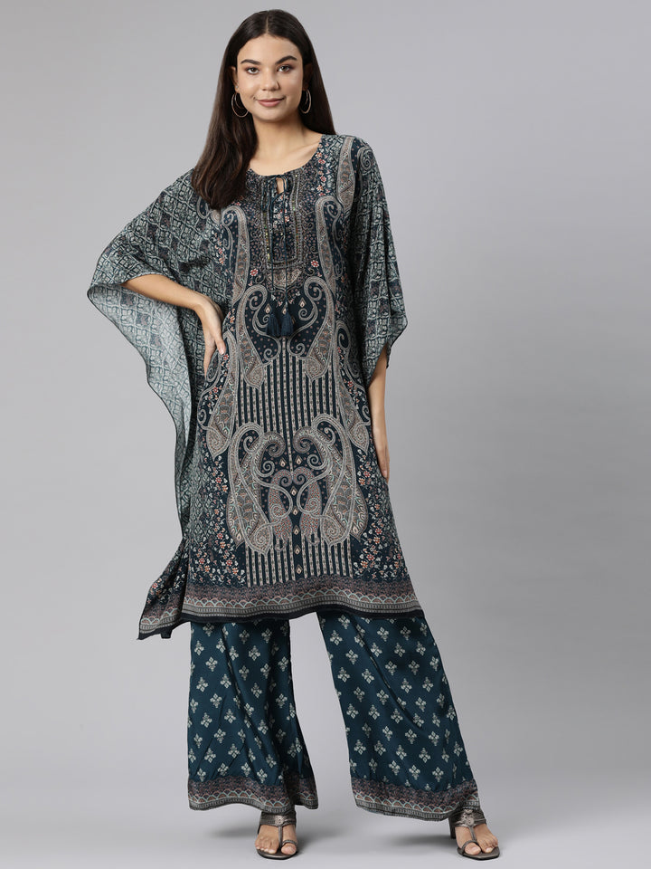 Neerus Green Regular High-Low Paisley Kurta And Palazzos