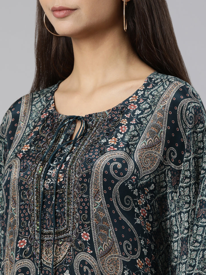 Neerus Green Regular High-Low Paisley Kurta And Palazzos