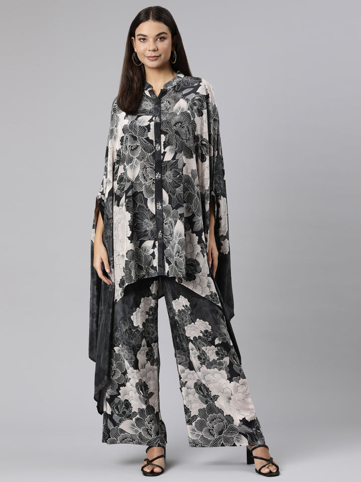Neerus Grey Regular High-Low Floral Kaftan Kurta Palazzos