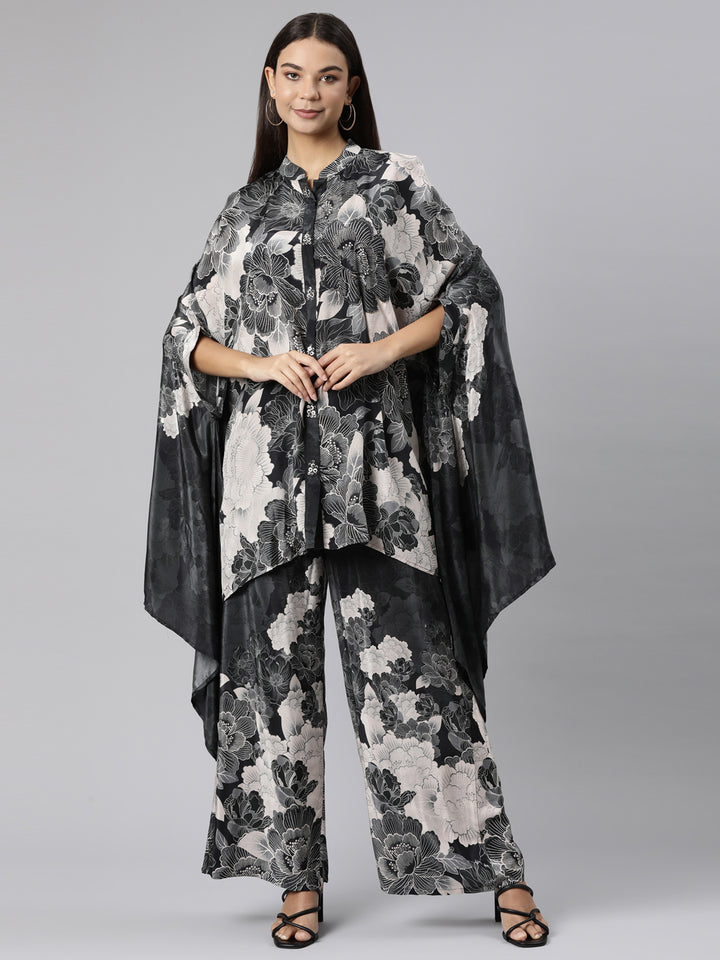 Neerus Grey Regular High-Low Floral Kaftan Kurta Palazzos