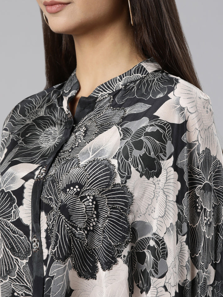 Neerus Grey Regular High-Low Floral Kaftan Kurta Palazzos